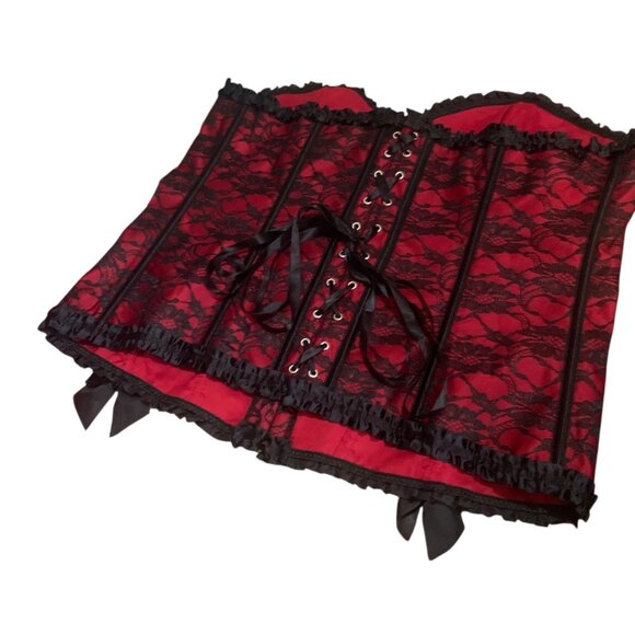 Corset Bustier Red & Black Lace Ruffle Trim Bow Accents Hook Front Closure Sz 6X - Picture 6 of 11